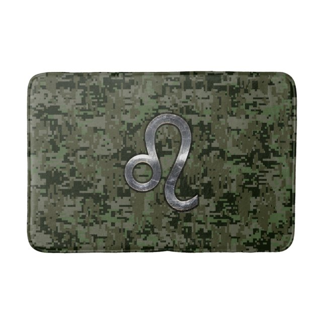 Leo Zodiac Sign on Olive Green Digital Camo Bath Mat (Front)
