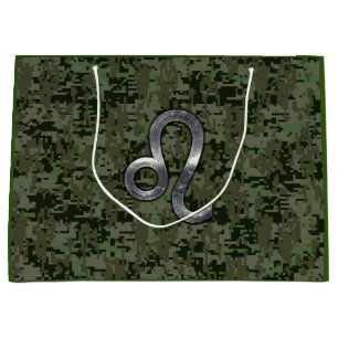 Leo Zodiac Sign on Olive Green Digital Camo Large Gift Bag