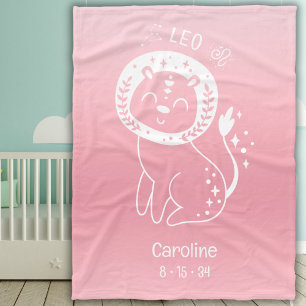 Leo Zodiac Star Custom Name Birthdate Pink Baby Fleece Blanket