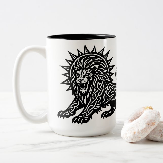 Leo Zodiac Sun‑Mane Lion | BurnsInHell Two-Tone Coffee Mug (With Donut)