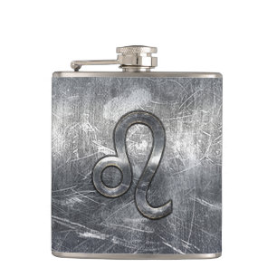 Leo Zodiac Symbol in Grunge Distressed Style Hip Flask