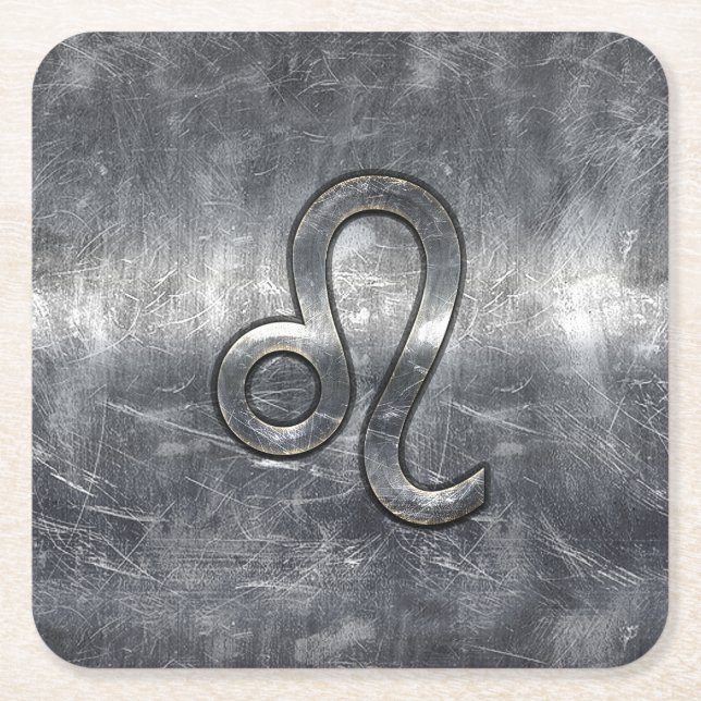 Leo Zodiac Symbol in Grunge Distressed Style Square Paper Coaster (Front)