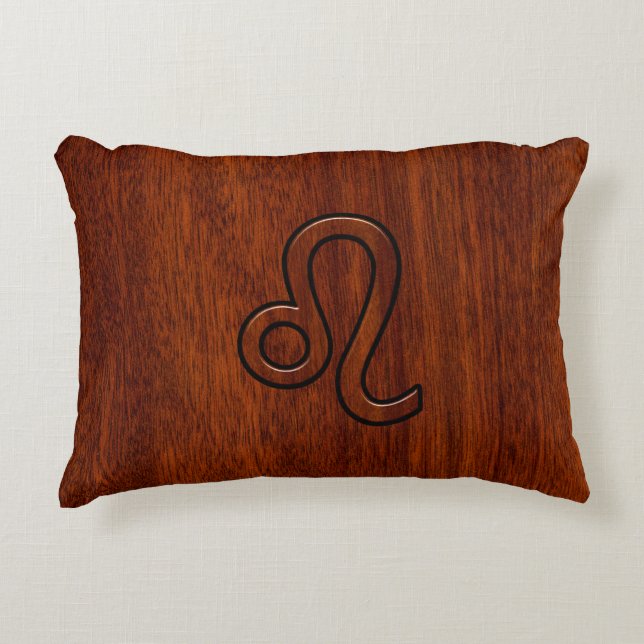 Leo Zodiac Symbol in Mahogany wood style Decorative Cushion (Front)