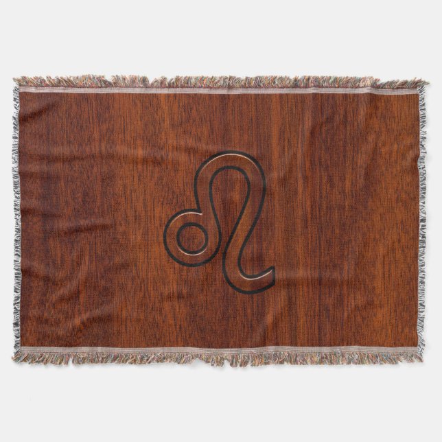 Leo Zodiac Symbol in Mahogany wood style Throw Blanket (Front)