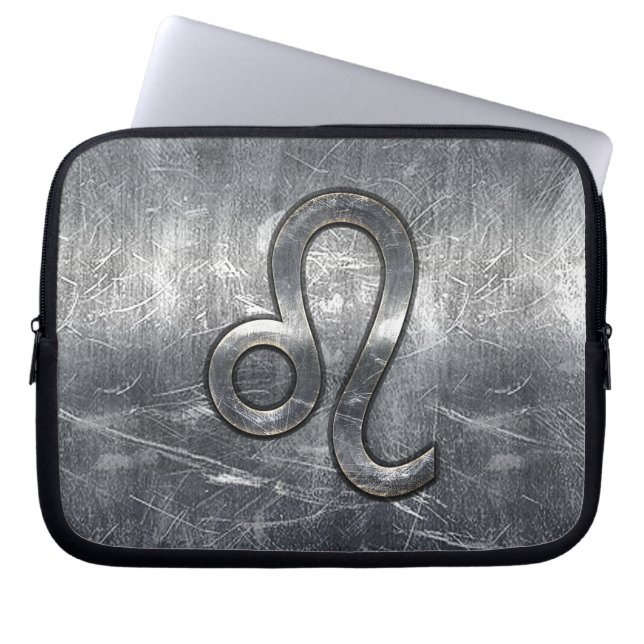 Leo Zodiac Symbol in Silver Steel Style Laptop Sleeve (Front)