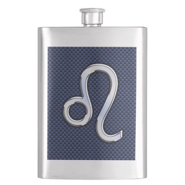 Leo Zodiac Symbol on Navy Blue Carbon Fibre Print Hip Flask (Front)