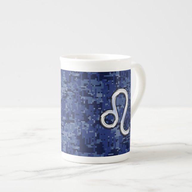 Leo Zodiac Symbol on Navy Blue Digital Camo Bone China Mug (Front Right)