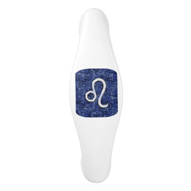 Leo Zodiac Symbol on Navy Blue Digital Camouflage Ceramic Cabinet Pull (Front)