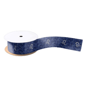 Leo Zodiac Symbol on Navy Blue Digital Camouflage Satin Ribbon