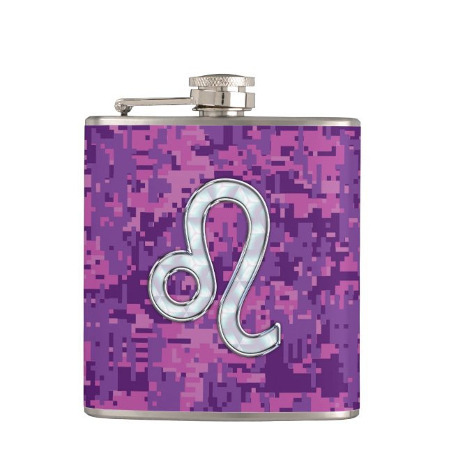 Leo Zodiac Symbol on Pink Fuchsia Digital Camo Hip Flask (Front)