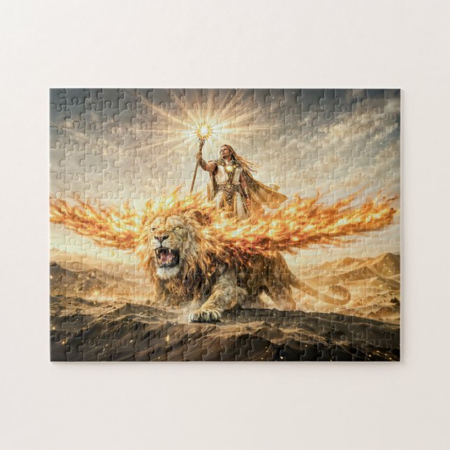 Leo Zodiac with Warrior Riding a Fiery Winged Lion Jigsaw Puzzle (Horizontal)