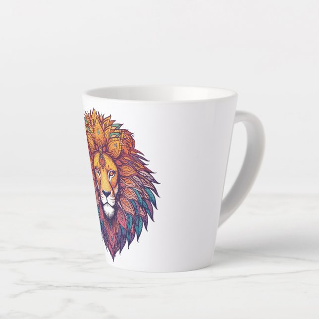 León decorativo con mandalas en la melena y detall latte mug (Right Angle)