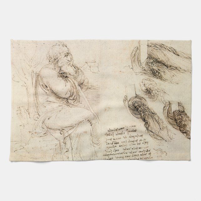 Leonardo da Vinci's Old Man and Water Sketch Tea Towel (Horizontal)