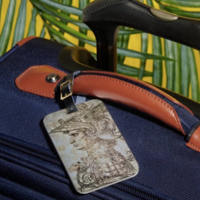 Leonardo’s Helmeted Warrior Luggage Tag (Da Vinci's Warrior luggage tag   single-sided w cardsSlot, weatherproof, leather strap included. )