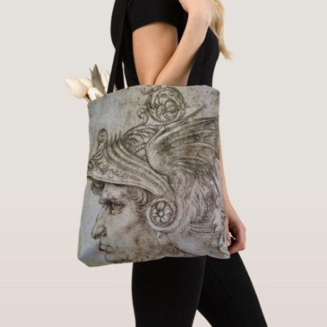 Leonardo’s Helmeted Warrior Tote Bag (Da Vinci’s Ancient Warrior Sketch Travel Tote Bag, laminated lining extra support. Made in the USA. )