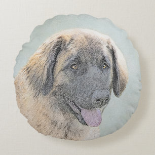 Leonberger Painting - Cute Original Dog Art Round Cushion