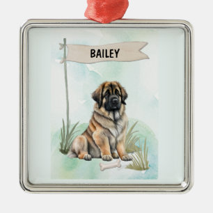 Leonberger Watercolor Personalised Dog Metal Tree Decoration