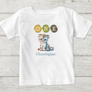 Leopard 1st Birthday one with name blue Baby T-Shirt