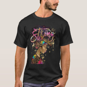 Leopard Afro Woman She Is Strong Bible Verse Melan T-Shirt