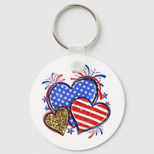 Leopard American Flag Heart 4th of July USA Key Ring