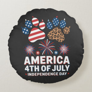 Leopard American Flag Hearts Cute 4th of July Round Cushion