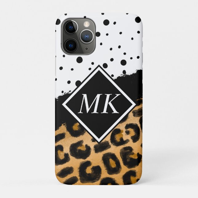 Leopard and Black and White Polka Dots Monogrammed Case-Mate iPhone Case (Back)