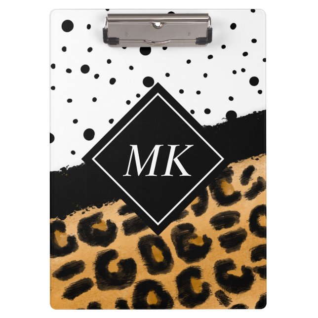 Leopard and Black and White Polka Dots Monogrammed Clipboard (Front)