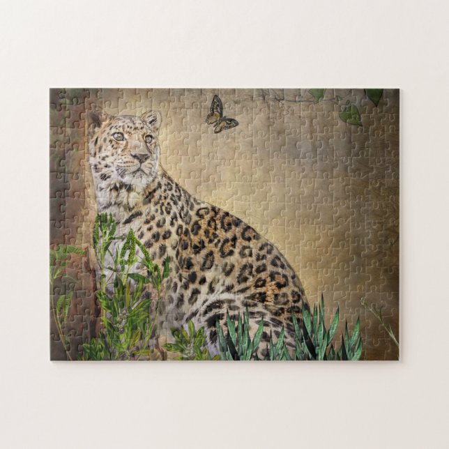 Leopard and Butterfly Wildlife Photo Jigsaw Puzzle (Horizontal)