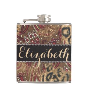Leopard and Paisley Pattern Print to Personalise Hip Flask