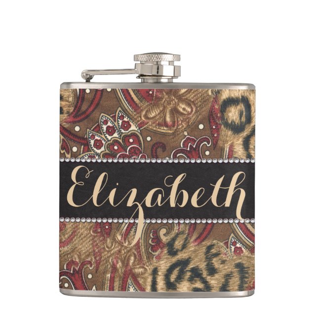 Leopard and Paisley Pattern Print to Personalise Hip Flask (Front)