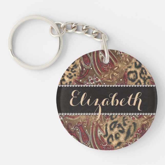 Leopard and Paisley Pattern Print to Personalise Key Ring (Front)