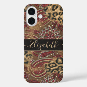 Leopard and Paisley Print Personalize Name iPhone 16 Case