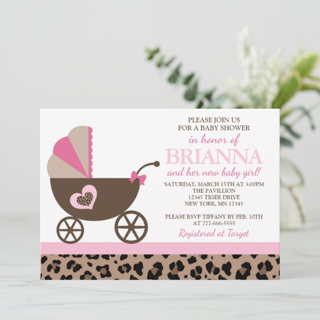 Leopard and Pink Carriage Baby Shower Invitation (Standing Front)