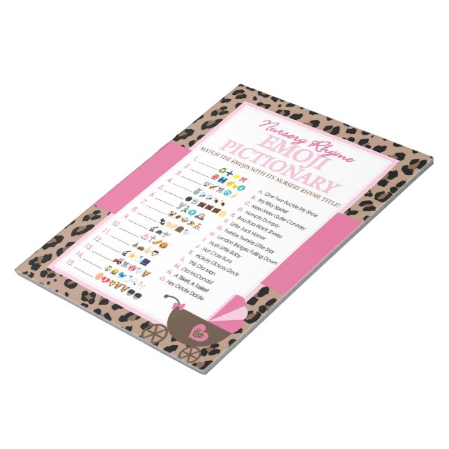 Leopard and Pink Emoji Nursery Rhyme Shower Game Notepad (Angled)