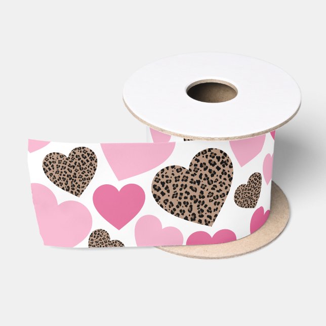Leopard and Pink Hearts Satin Ribbon (Spool)