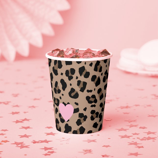 Leopard and Pink Party Paper Cups (Leopard Print Party Paper Cups Featuring an adorable tiny pink heart)