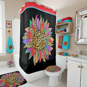 Leopard and rainbow sunflower shower curtain