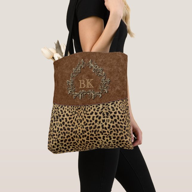 Leopard and Swirls Monogram Tote Bag (Close Up)