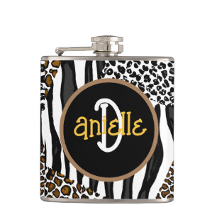 Leopard and Zebra Stripes Print Personalised Hip Flask