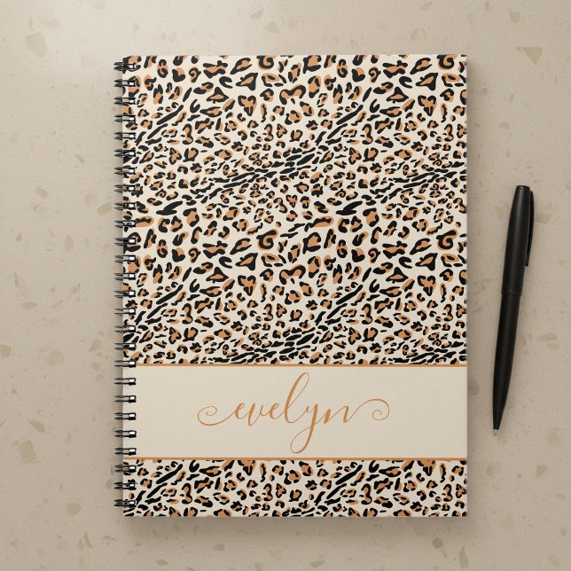 Leopard Animal Print Cream Black Tan Personalised Notebook (Personalized Notebook with leopard print by Darling & May)