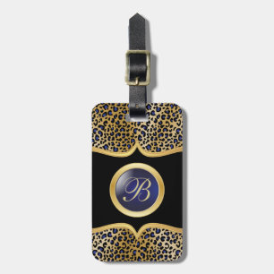 Leopard Animal Print DIY Monogram Gold & Blue Luggage Tag
