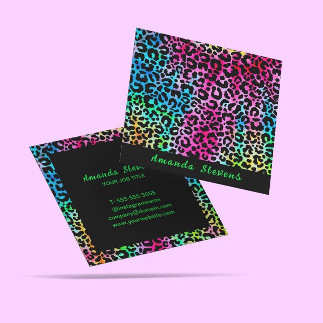 Leopard Animal Print Elegant Trendy Rainbow Square Business Card (Creator Uploaded)