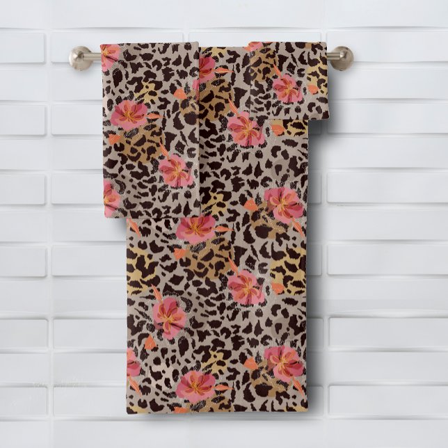 Leopard Animal Print Floral Pattern Bath Towel Set (Leopard Animal Print Floral Pattern Bath Towel Set (white on reverse), buy pieces separately, too)