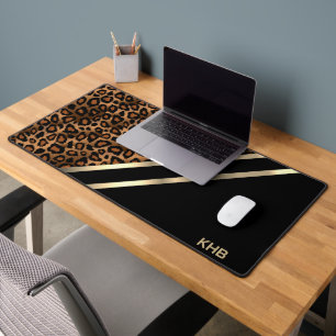Leopard Animal Print, Gold and Black - Monogram Desk Mat