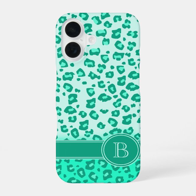 Leopard animal print mint monogram iPhone 16 case (Back)