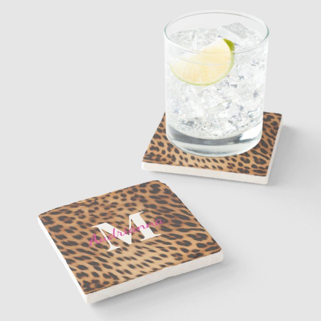 Leopard Animal Print Monogram Stone Coaster (Side)