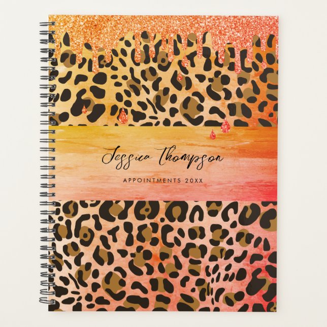 Leopard Animal Print Orange Yellow Glitter Drips  Planner (Front)