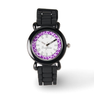 Leopard animal print purple name wrist watch