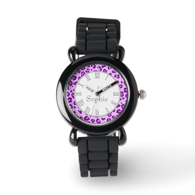 Leopard animal print purple name wrist watch (Front)