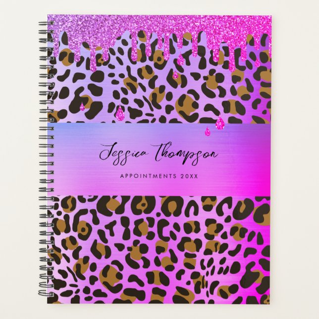 Leopard Animal Print Purple Pink Glitter Drips  Planner (Front)